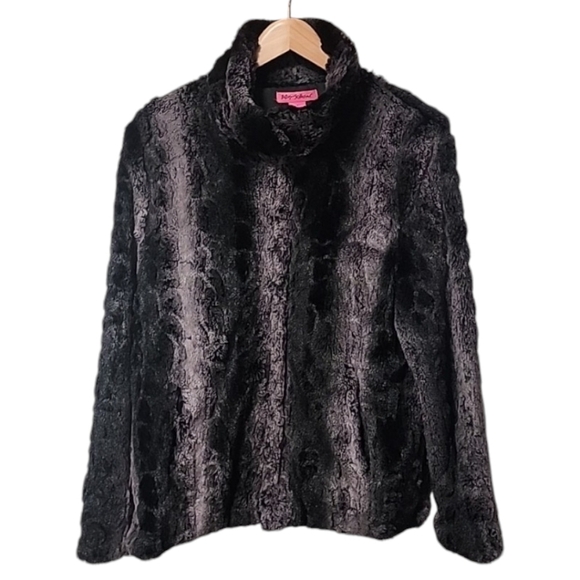 BETSEY JOHNSON Faux Fur Jacket L Super Soft Teddy Black Gray Animal Fuzzy Soft - Picture 2 of 10